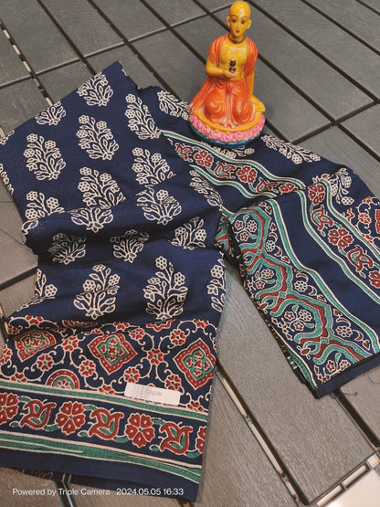 Semi Modal Silk Saree with Hand Block Prints and Contrast Blouse for Women