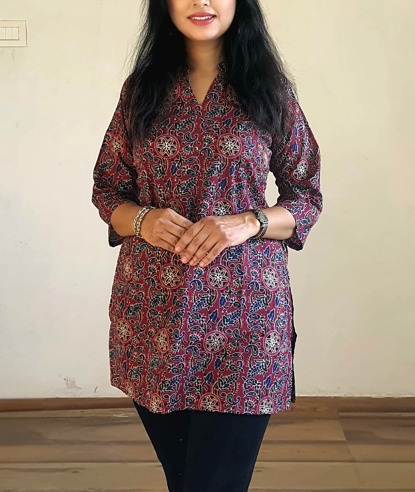 Pure Cotton Cambric Tunic for Women with Stand Collar and 3/4th Sleeves – M to 3XL