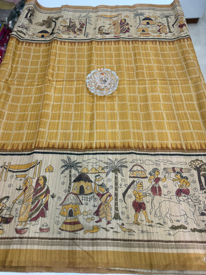 Spider Silk Saree with Folk Art Print Border and Tassel Pallu