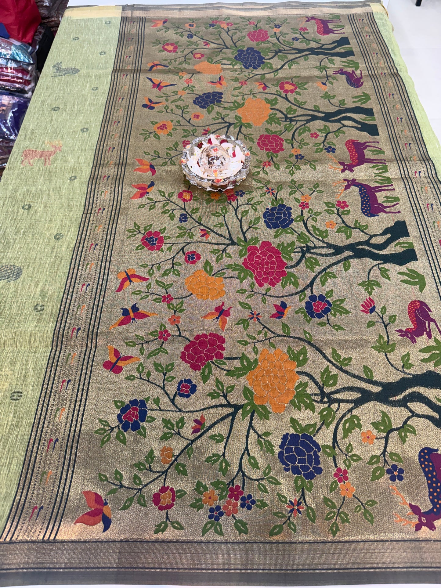 Linen Paithani style printed saree with floral tree border and tassel pallu, women’s festive daily wear saree