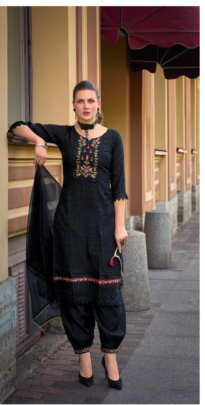 Women’s Self-Jacquard Silk 3-Piece Suit Set with Afghani Bottom and Organza Dupatta – XXL & 3XL