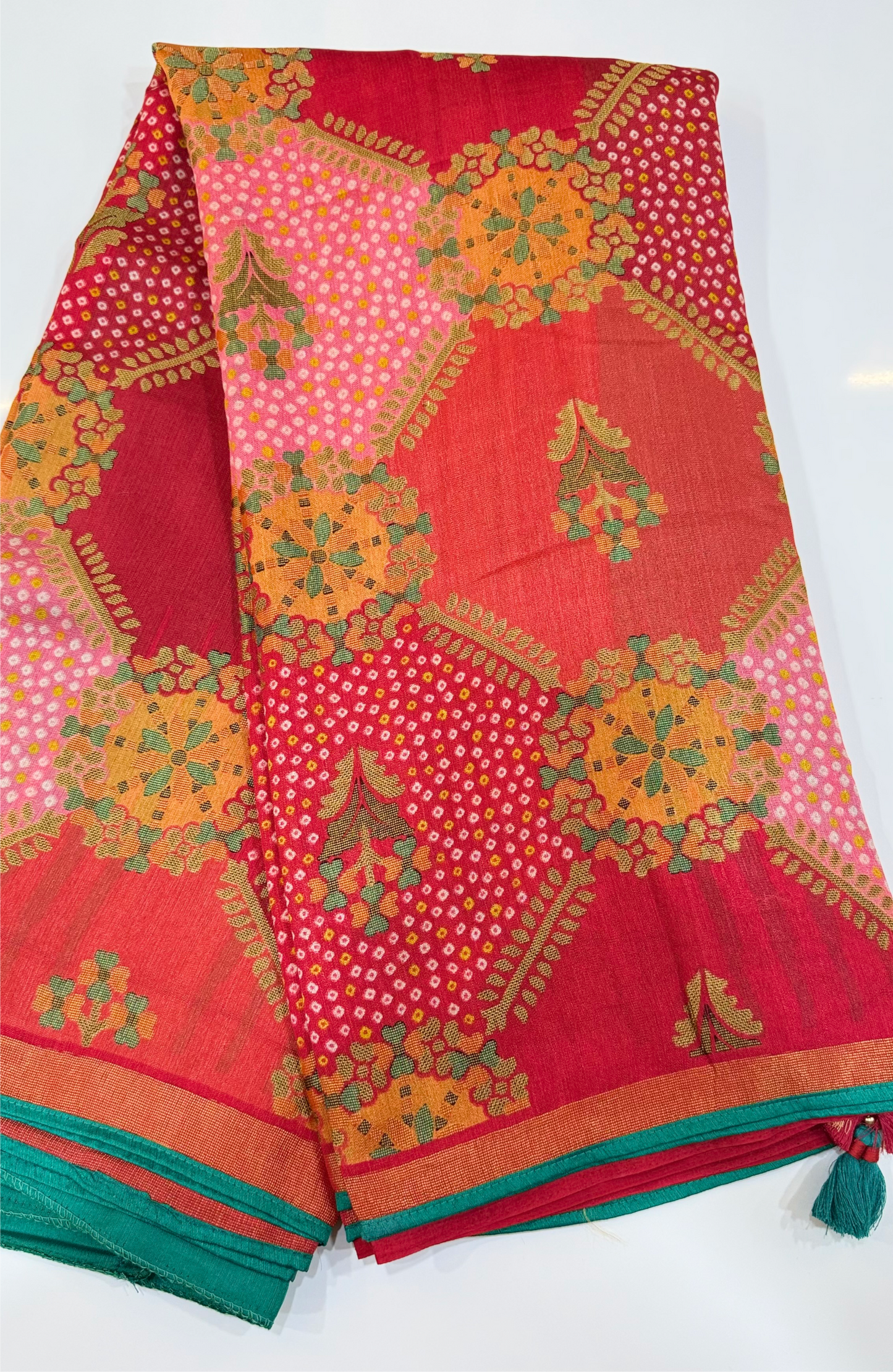 Soft Brasso Printed Saree with Fancy Border, Tassel Pallu and Work Blouse for Women – Party and Festival Wear