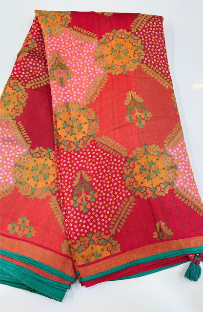 Soft Brasso Printed Saree with Fancy Border, Tassel Pallu and Work Blouse for Women – Party and Festival Wear