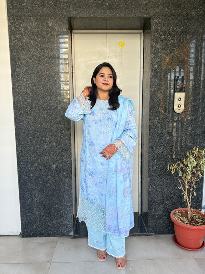 Women’s Pastel Blue Cotton Suit Set with White Lace Embroidery and Dupatta – Sizes M to 3XL