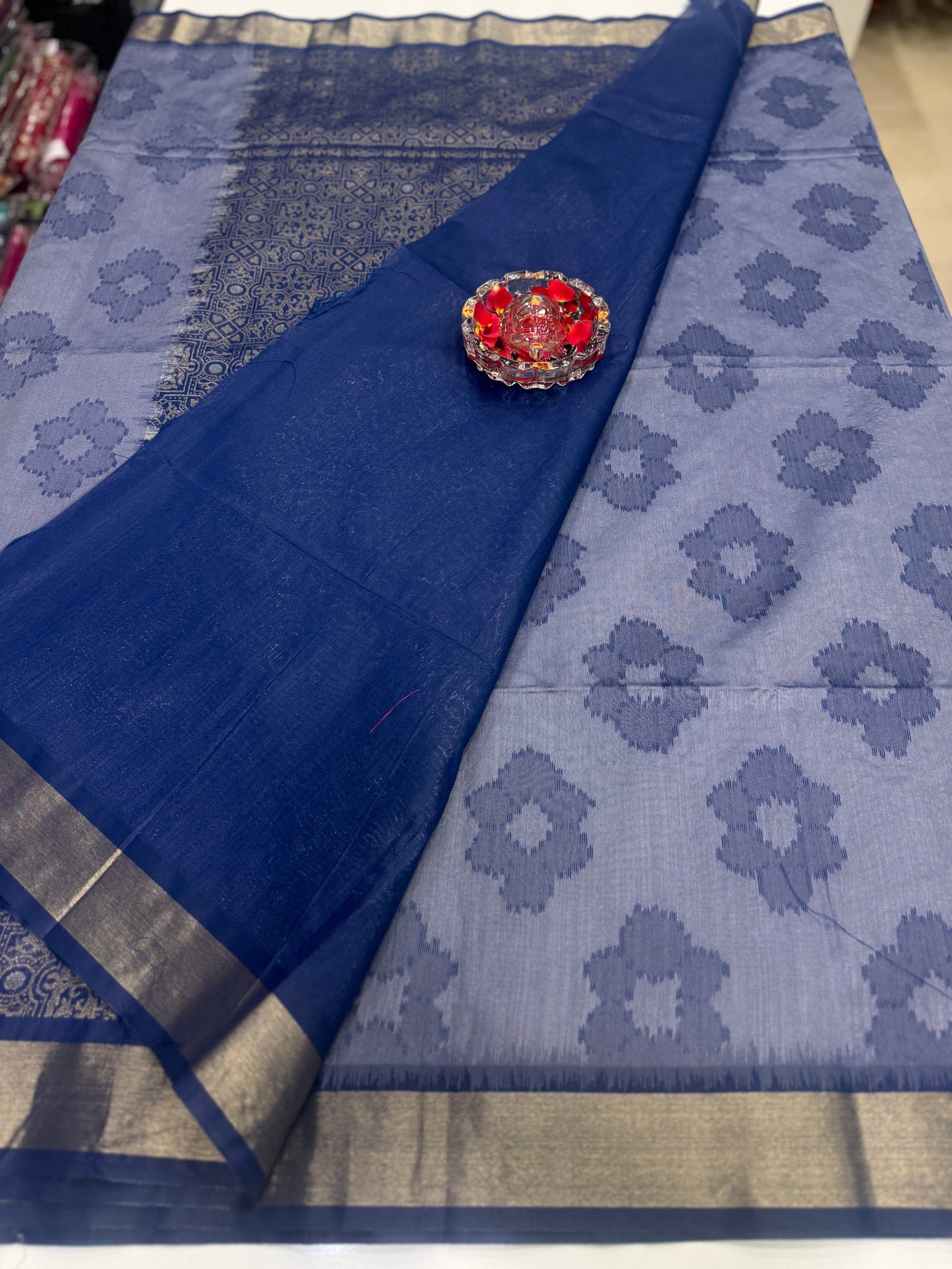 Women’s woven saree with butta motifs, contrast pallu border and tassel pallu, traditional wear, multiple colors