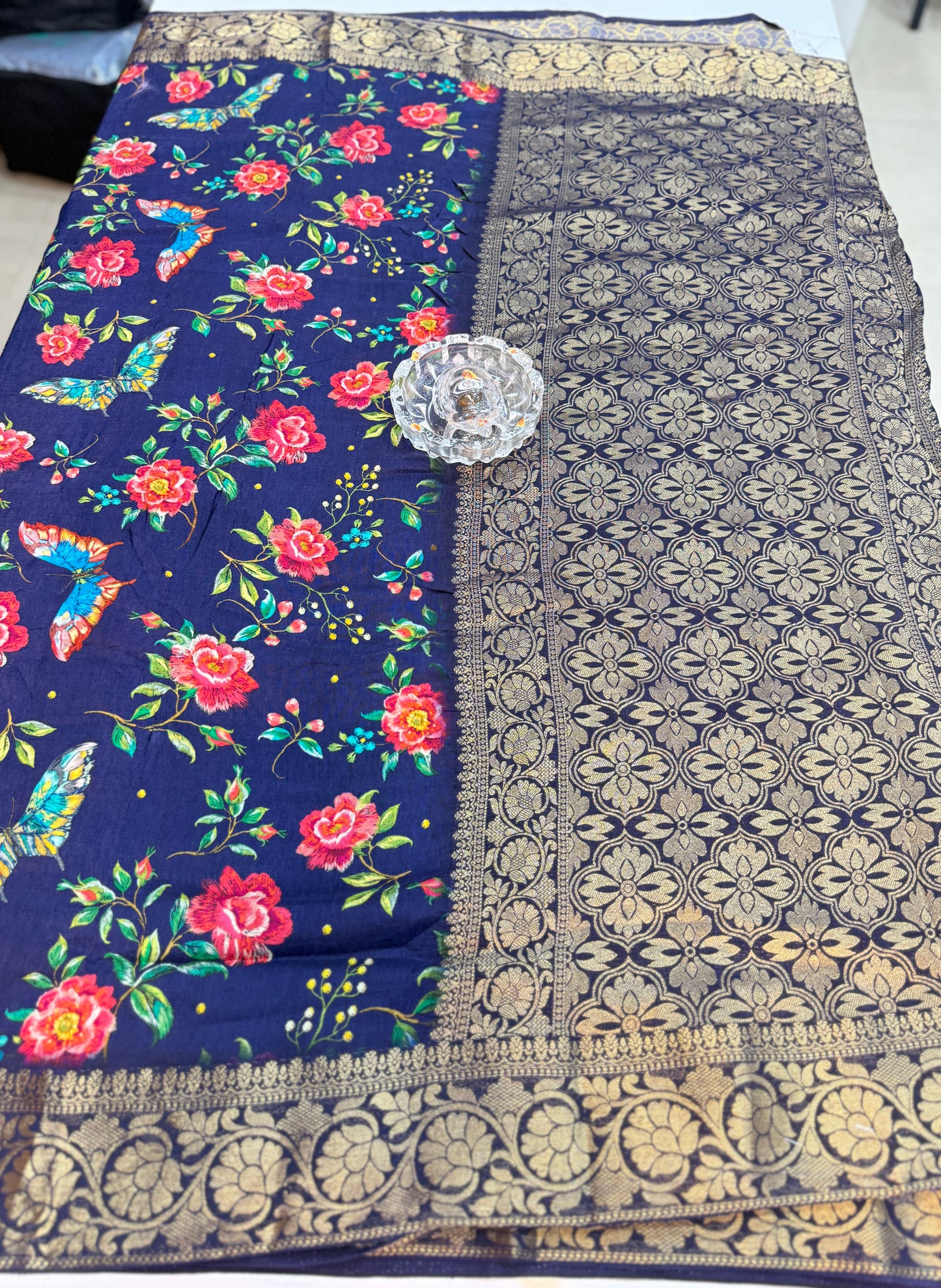 Pure Viscose Crepe silk saree with digital floral print and woven zari border for women