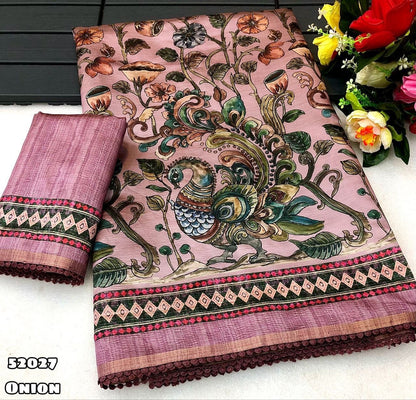 Semi Tussar Silk Saree with Floral Kalamkari Digital Print and Lace Border with Printed Blouse