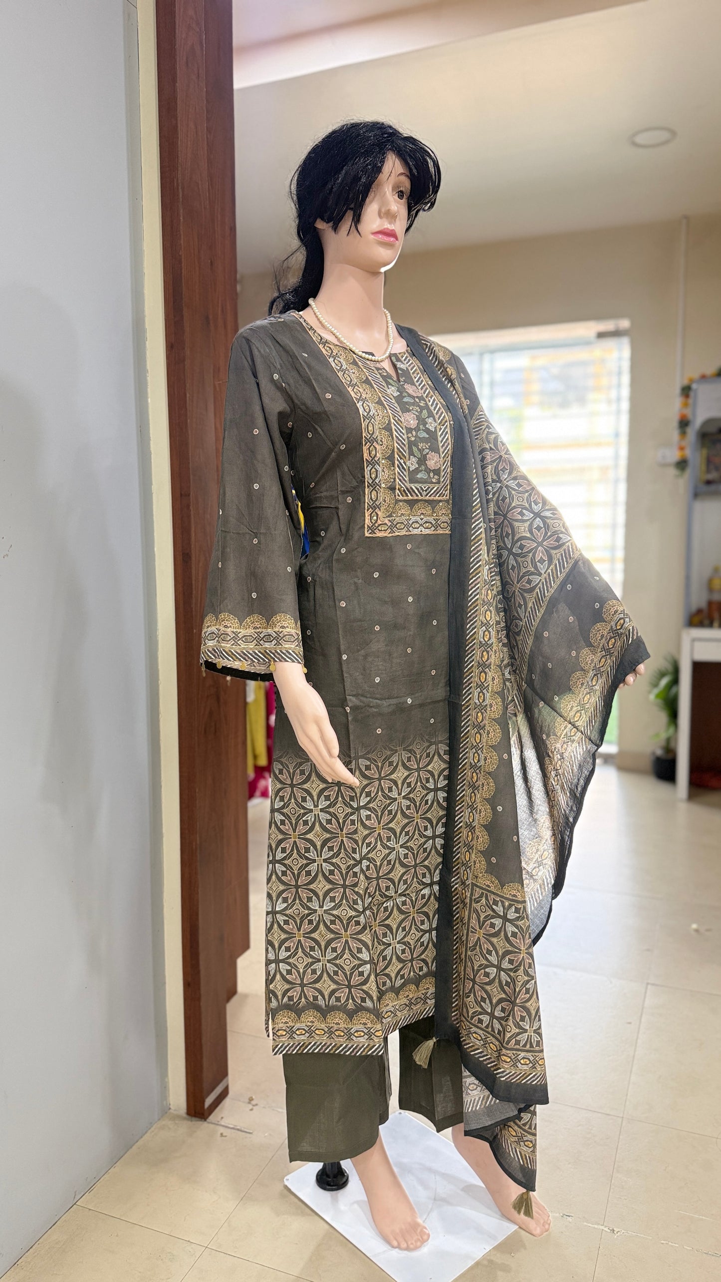 Italian cotton kurta pant dupatta set for women with placement print, straight 3 piece ethnic set, sizes 38 to 44