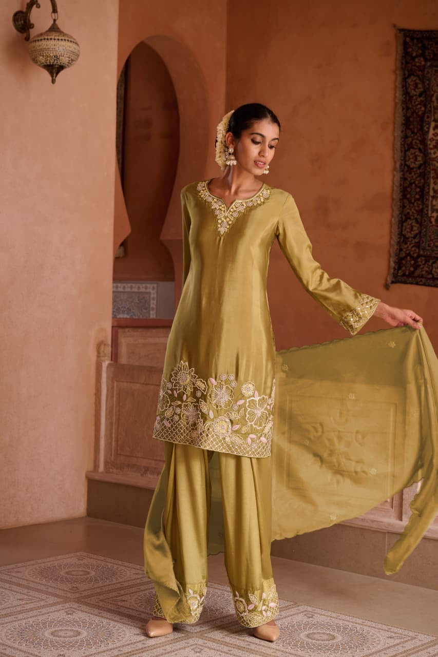 Embroidered HO Silk Glass Shimmer Kurta Farsi Pant Dupatta Set for Women