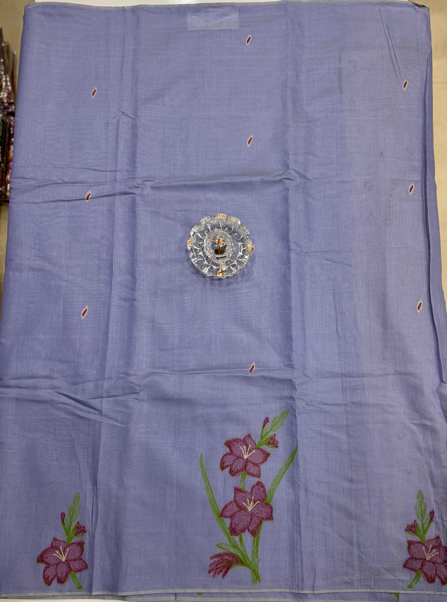 Lavender blue woven viscose saree in kora silk style with tassel pallu and embroidered blouse fabric