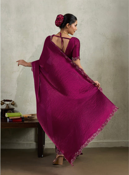 Velvet Chiffon Saree with Dual Tone Zarkan Work and Designer Blouse – Partywear Saree for Women