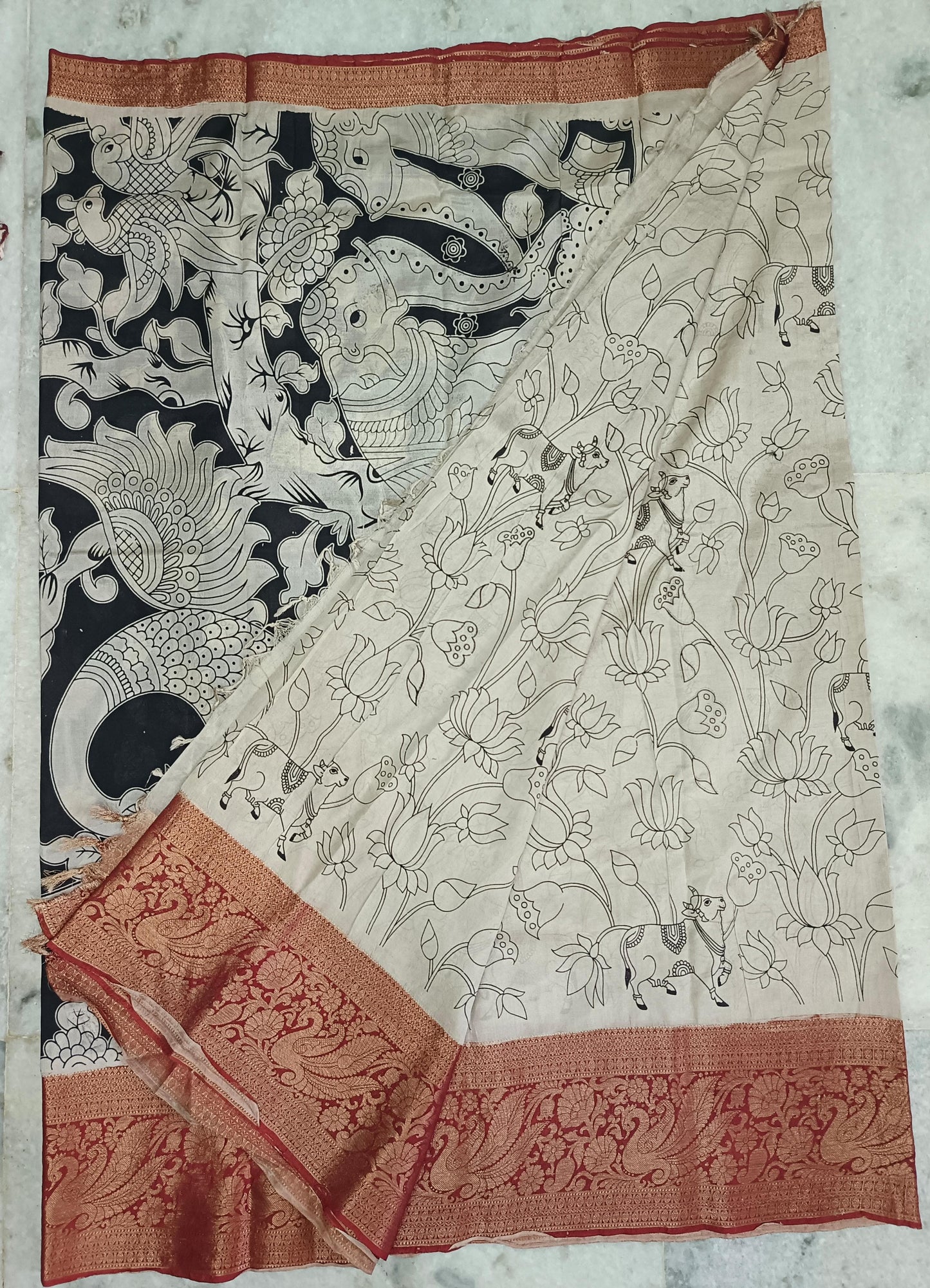 Handloom Nellore Silk Saree for Women – Kalamkari Print with Kanchi Border and Blouse Piece
