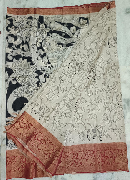 Handloom Nellore Silk Saree for Women – Kalamkari Print with Kanchi Border and Blouse Piece