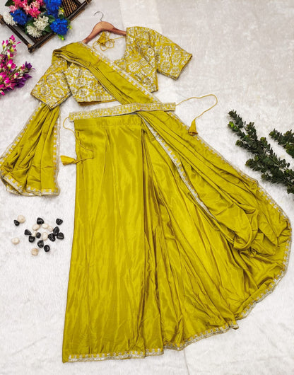 Pre-Draped Indo Western Saree in Chinnon Silk with Stitched Blouse and Waist Belt – Sizes M to XXL