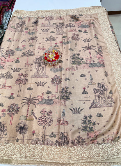 Ernakulam Silk-Blend Embroidered Saree with Printed Design and Lace Border – Festive Wear for Women