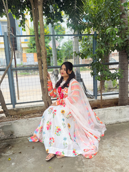 Soft Chanderi Kurta Pant with Organza Dupatta Set for Women – Embroidery & Digital Print – M to XXL