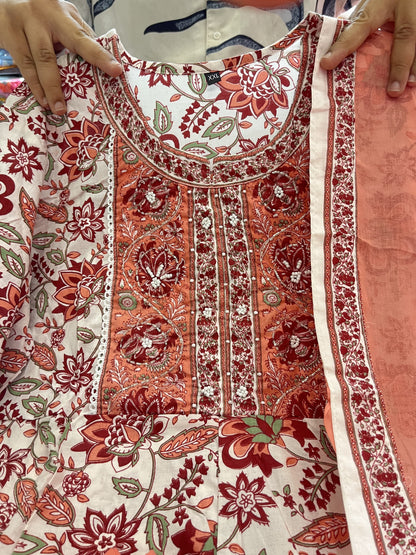 Pure Cotton Anarkali Suit Set with Hand Embroidery, Zari Weaving & Lace Dupatta – Sizes L to 3XL