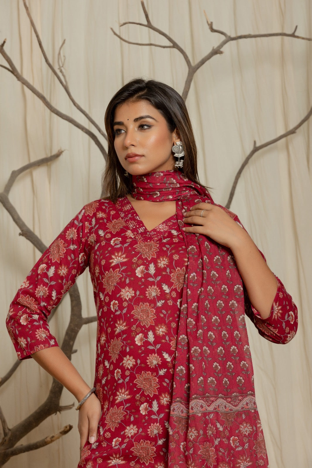 Maroon Printed Cotton SKD Set with Sequin & Thread Neck Embroidery – Plus Size – Sizes 46 to 52