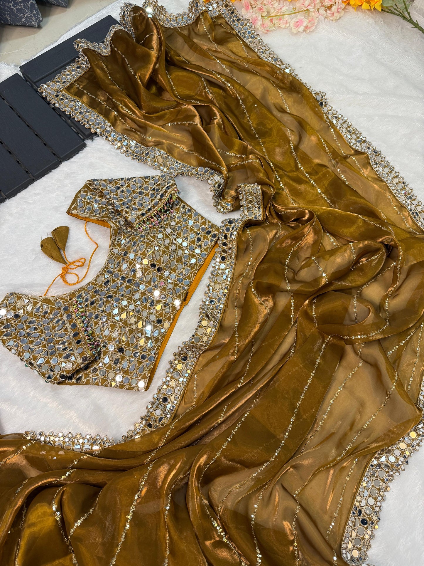 Soft Satin Organza Saree with Real Mirror Work Embroidery and Stitched Blouse – Festive Wear for Women