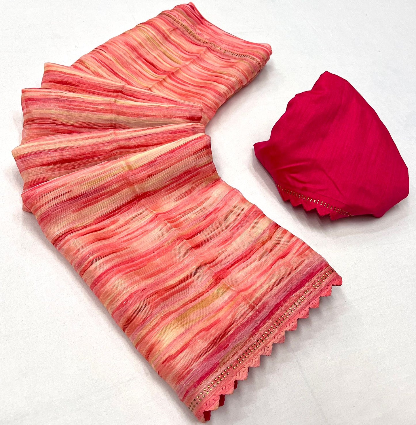 Stunning Gold Georgette Saree with Weaving Zari Sibori Print and Siroski Cutwork Border