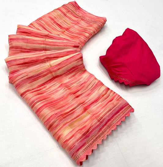 Stunning Gold Georgette Saree with Weaving Zari Sibori Print and Siroski Cutwork Border