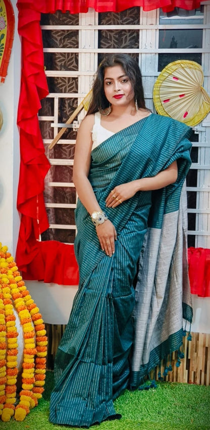 Check Jute Kaddi Cotton Saree for Women with Matching Blouse Piece