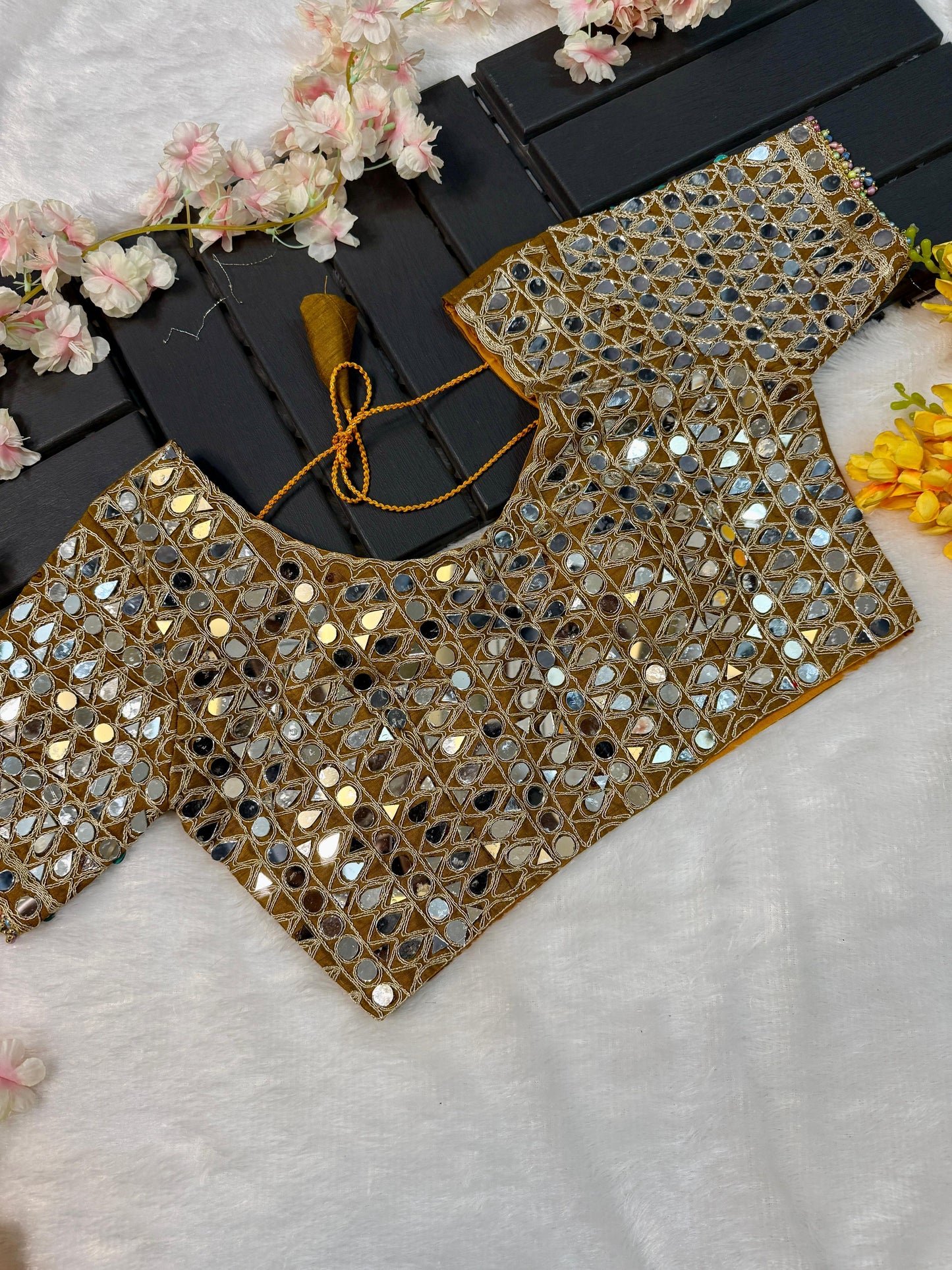 Soft Satin Organza Saree with Real Mirror Work Embroidery and Stitched Blouse – Festive Wear for Women