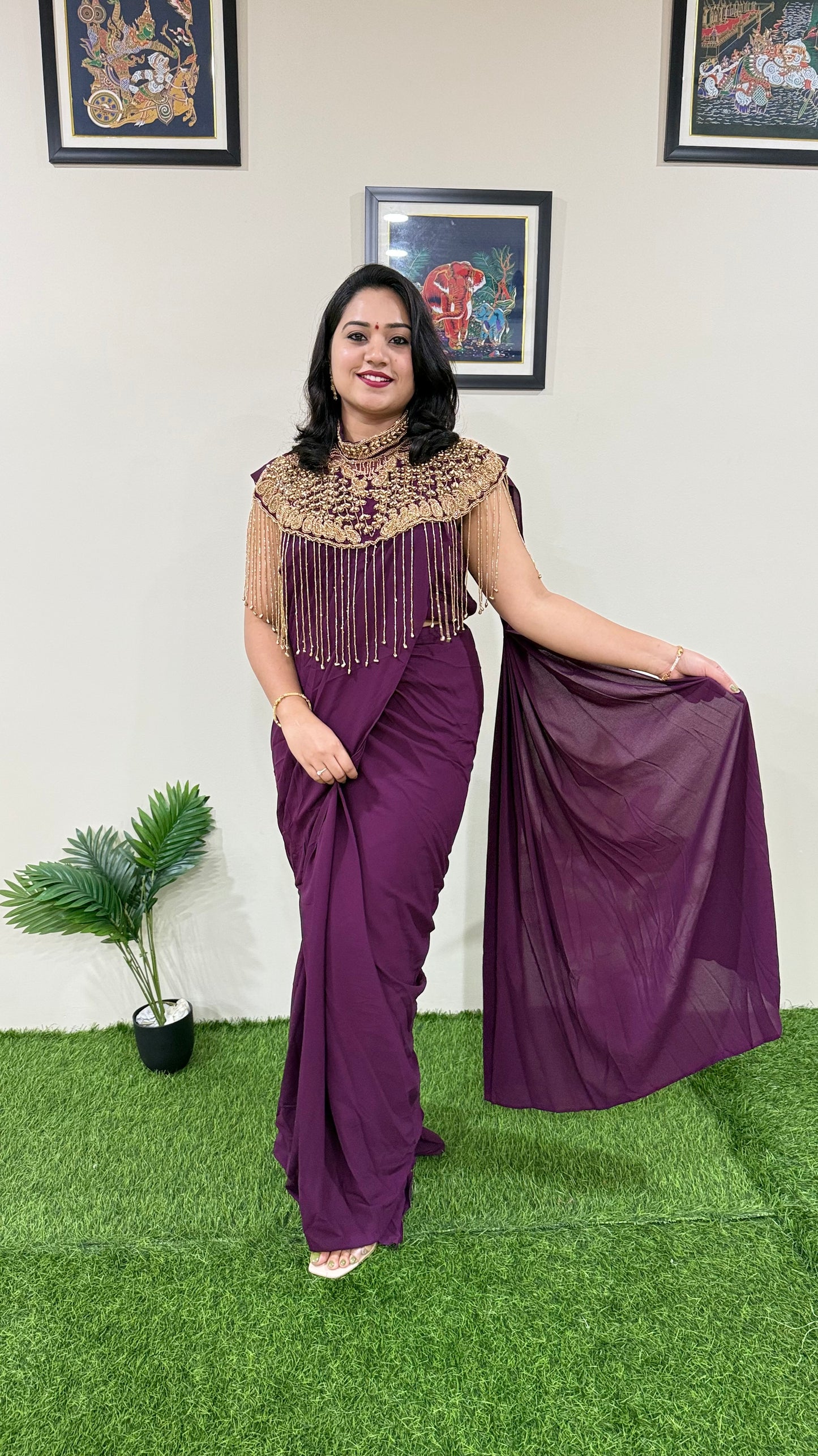 Pre-Draped Georgette Saree with Stitched Crop Top and Hand-Embroidered Cape – Ready-to-Wear Set for Women