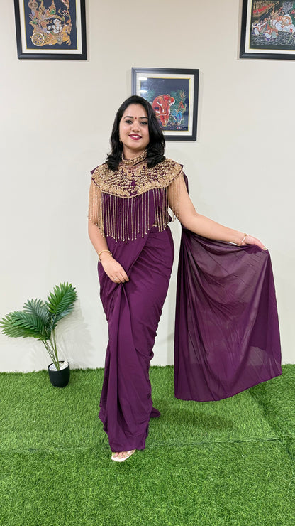 Pre-Draped Georgette Saree with Stitched Crop Top and Hand-Embroidered Cape – Ready-to-Wear Set for Women