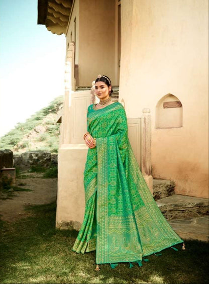 Lime green Designer Silk Saree with Heavy Embroidery Work and Unstitched Blouse for Festive and Wedding Wear