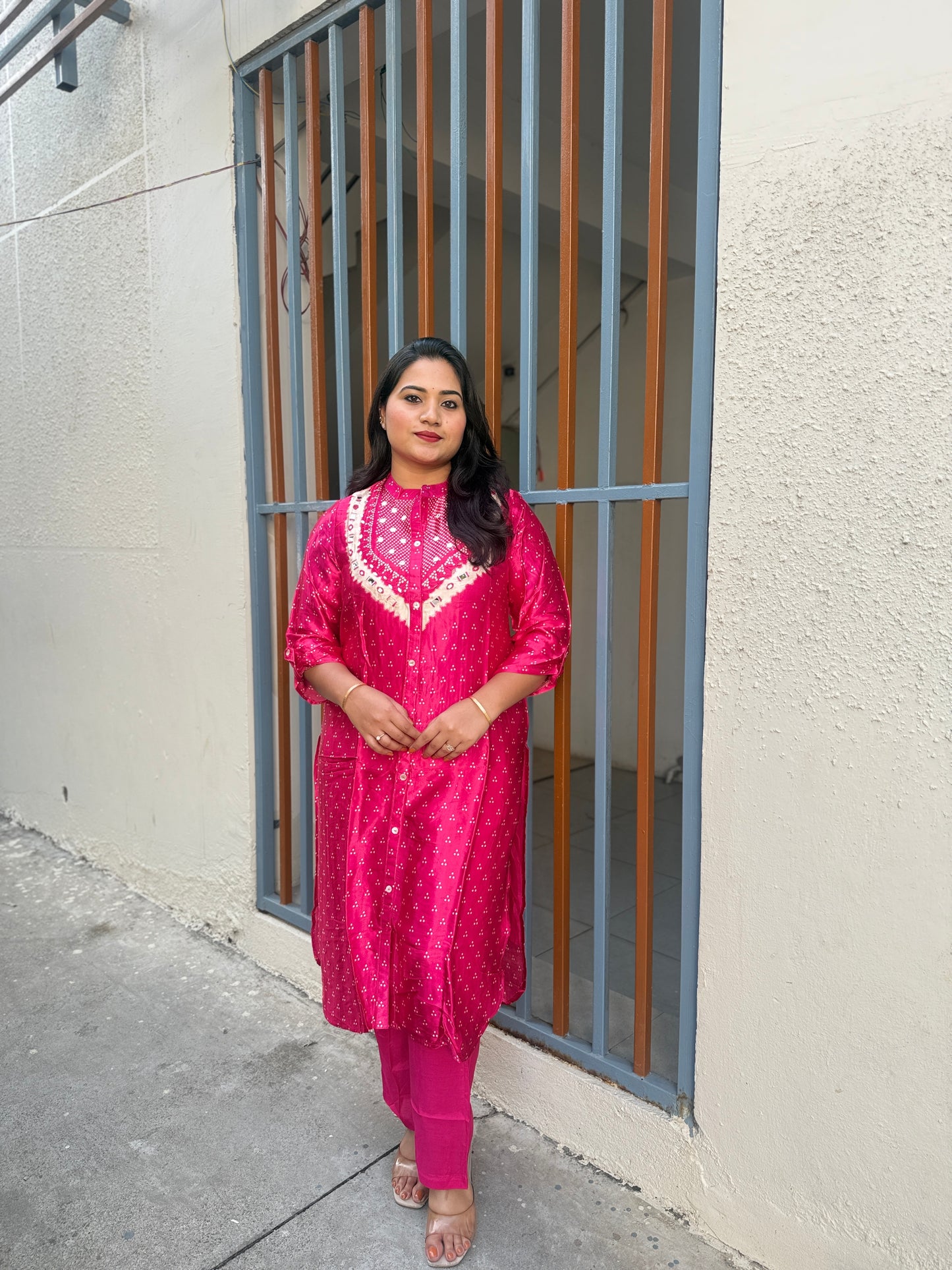 Gajji Silk Bandhani Printed Kurta Pant Set for Women with Mirror Work – Festive Wear, Sizes M to XXL