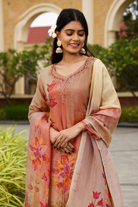 Pure Tissue Shimmer Kurta Set with Digital Print and Handwork – Kurti Pant Dupatta Set for Women