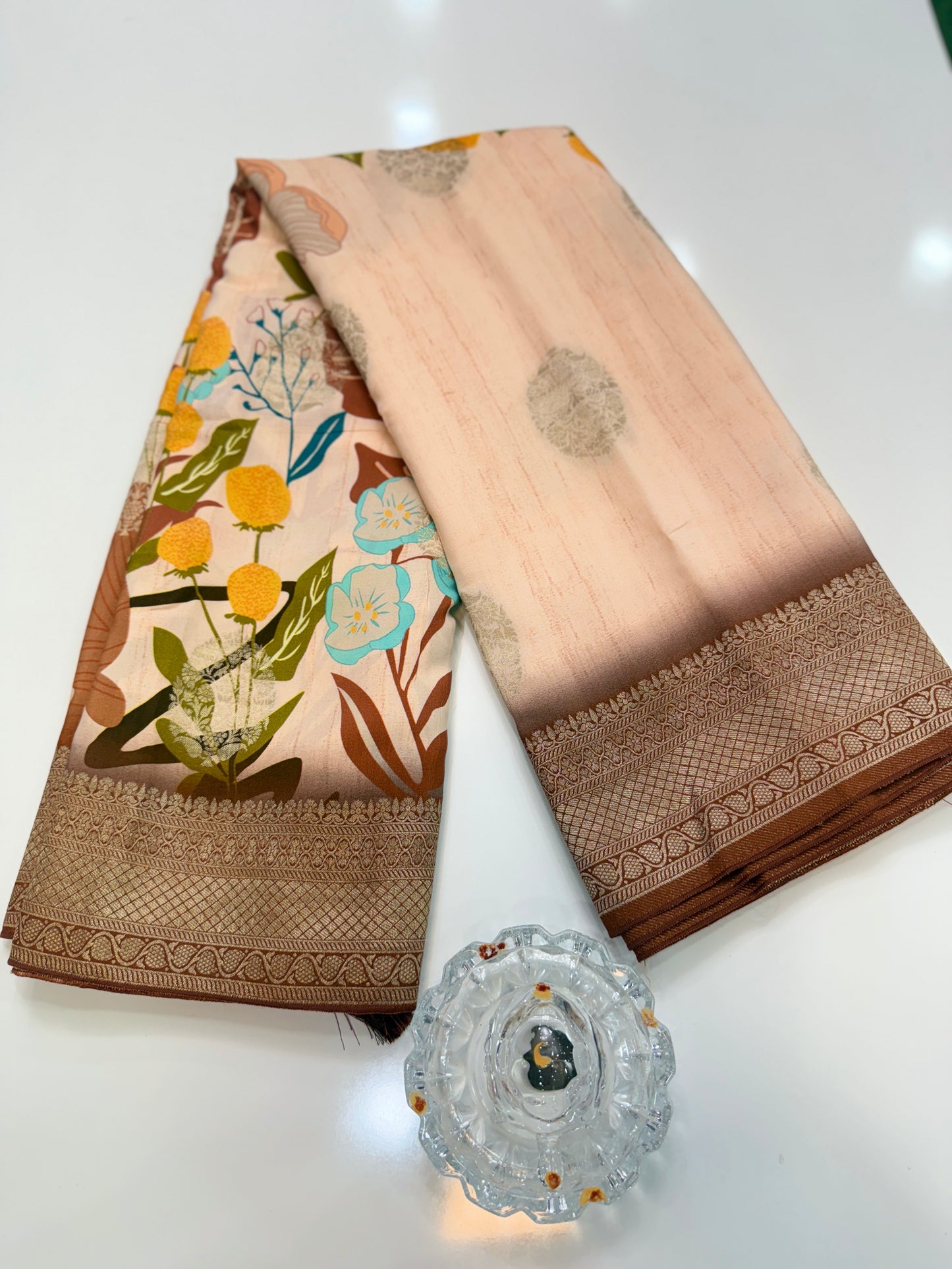 Pure Crepe Silk Saree with Digital Print and Zari Border – Elegant Festive and Wedding Saree for Women