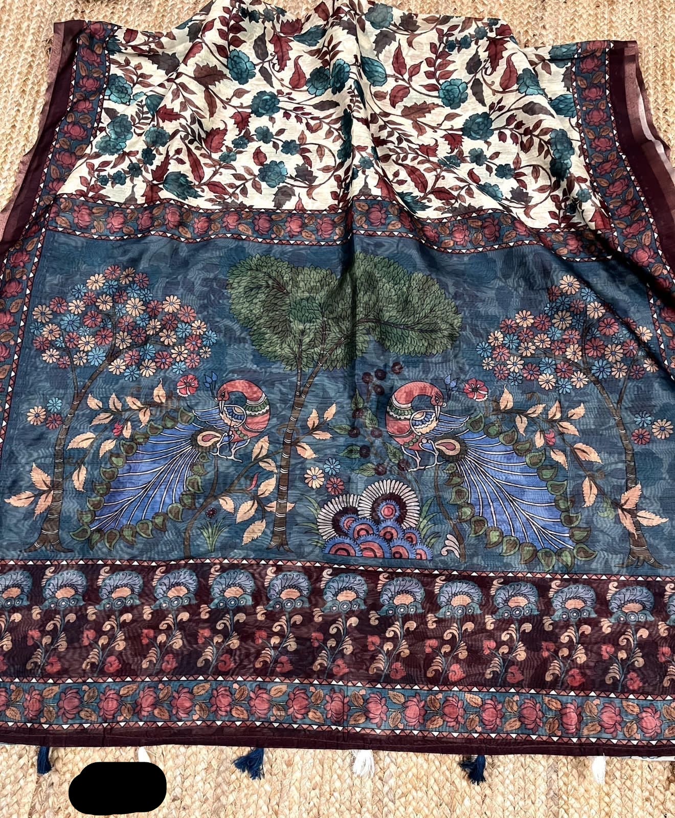 Mul Chanderi Cotton Saree with Kalamkari Print, Golden Zari Piping, and Batik Blouse – Ethnic Wear for Women