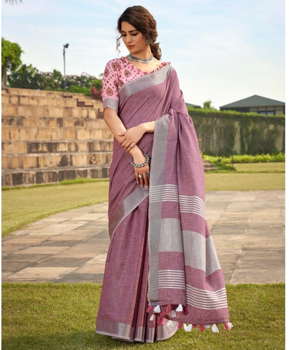linen silk saree with striped design and border – lightweight ethnic wear for women