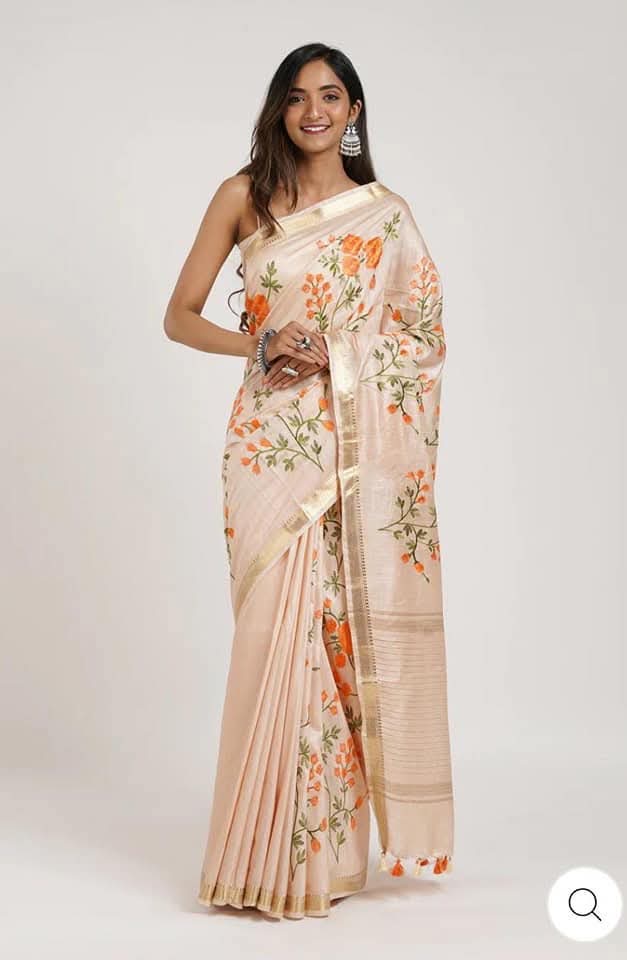 Tussar Silk Saree with Fancy Embroidery, Cutwork Border, and Matching Embroidered Blouse