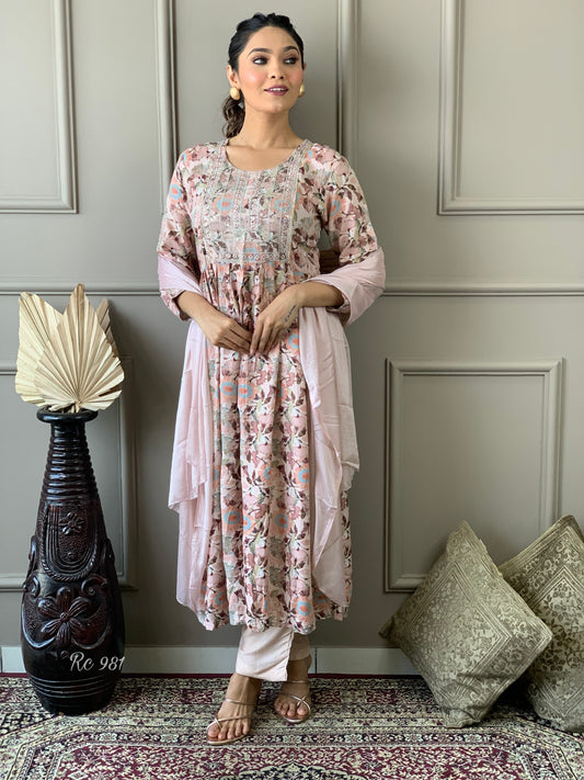 Pure Cotton Naira Cut Kurti Pant Set with Embroidery and Nazneen Dupatta for Women