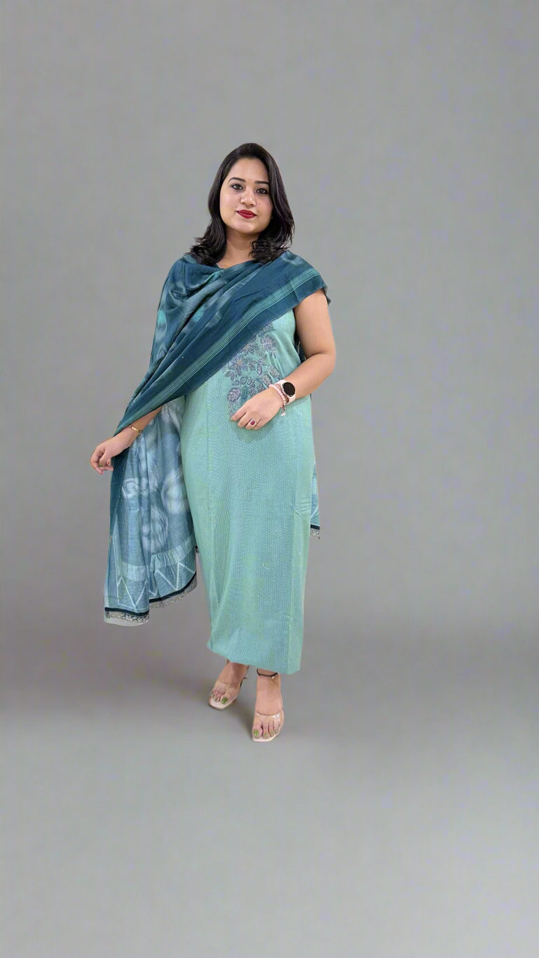 Kashmeeree Embroidered Top with Pure Pashmina Bottom and Silkina Digital Print Dupatta Set for Women