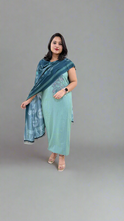 Kashmeeree Embroidered Top with Pure Pashmina Bottom and Silkina Digital Print Dupatta Set for Women