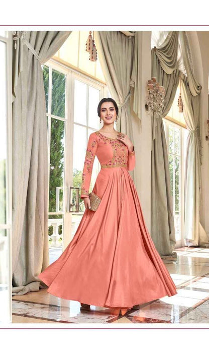 Muslin Silk Embroidered Gown for Women with Handwork and Malai Crepe Inner – 56+ Inch Length