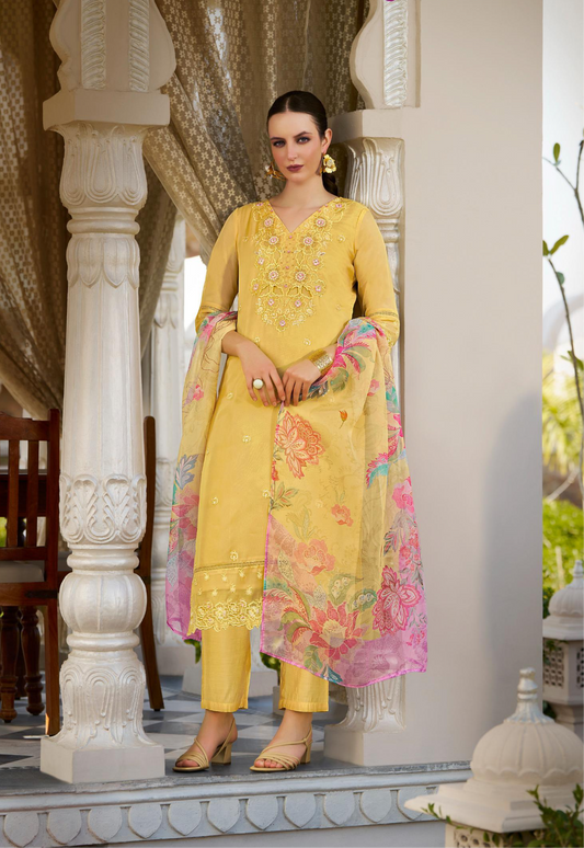 Women’s Organza Embroidered Suit Set with Viscose Silk Pant and Digital Print Dupatta – L to 3XL
