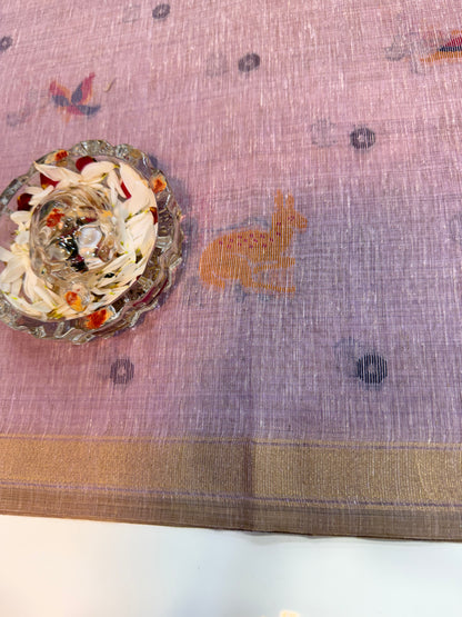 Linen Paithani style printed saree with floral tree border and tassel pallu, women’s festive daily wear saree