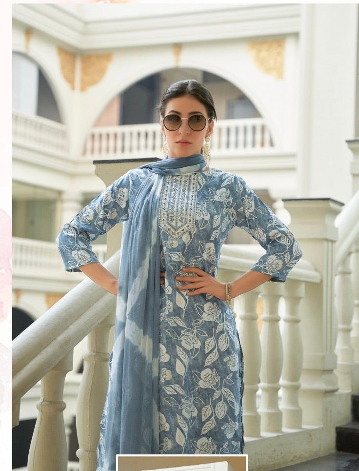 Bamboo Fabric Dobby Foil Print Straight Cut Kurta Pant Dupatta Set with Embroidery – Sizes XL to 3XL