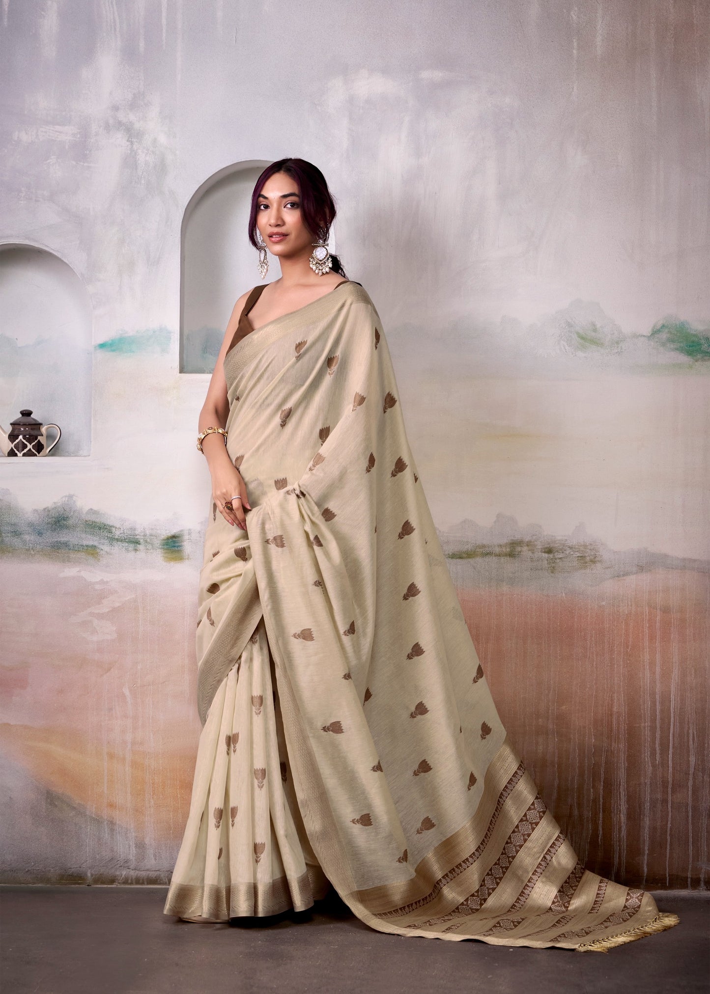 modal cotton saree with zari-style motifs and contrast border – breathable ethnic wear for women