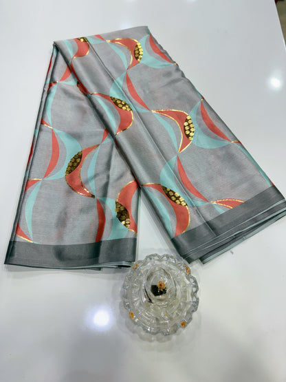 Japan satin saree for women with position print pallu and blouse, soft satin printed saree for festive and casual wear
