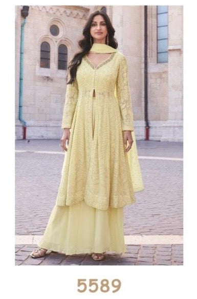 Real Georgette 3-Piece Set with Embroidered Top, Palazzo, and Dupatta – Free Size Stitched Ethnic Wear