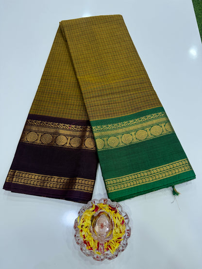 Kanchi cotton saree with checked putta design and zari thread border, 6.2m with running blouse, women’s traditional saree