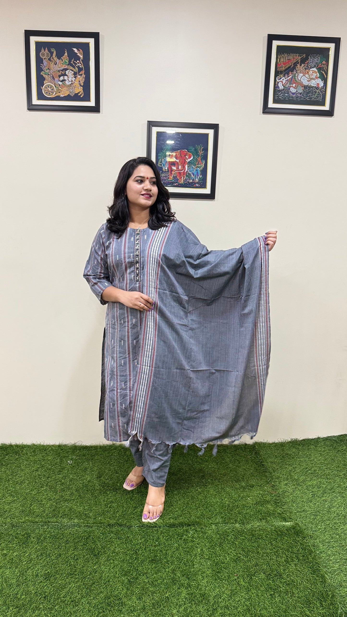 Cotton Handloom Straight Cut Kurta Pant Dupatta Set with Embroidery – Plus Sizes XL to 3XL