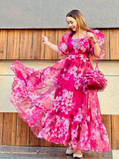 Hot Pink Tabby Organza Maxi Dress for Women with Flare and Square Neck – M to XXL