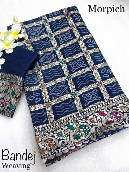 Viscose Silk Bandej Saree with Meenakari Weaving, Heavy Pallu and Lace Border – Festive Wear